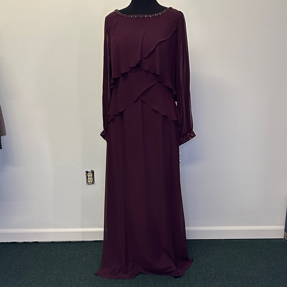SLNY Burgundy Beaded-Neckline Dress with Tiered Ruffles beaded sleeve cuff 14